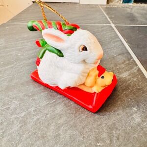 1989 Current Inc Ceramic Bunny Sled Christmas Ornament Made in Taiwan